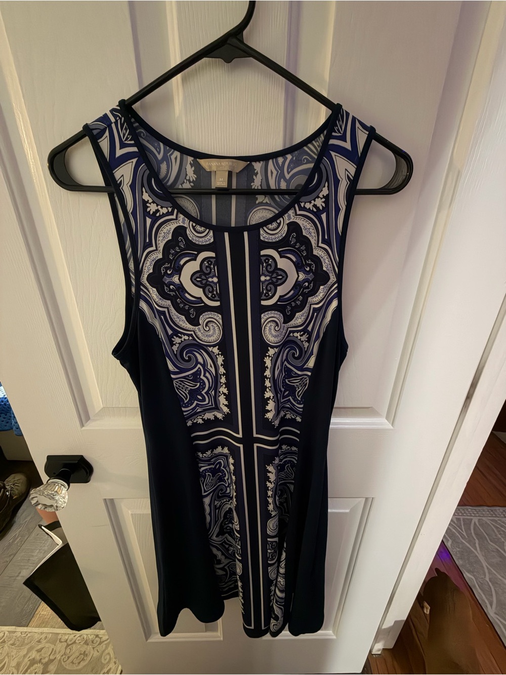 Banana Republic Navy and White Sleeveless Printed Shift Dress
